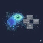 Abstrakte Grafik zum Thema Tracking-Pixel: Ein digitales Auge beobachtet Datenströme und stilisierte Benutzerprofile.