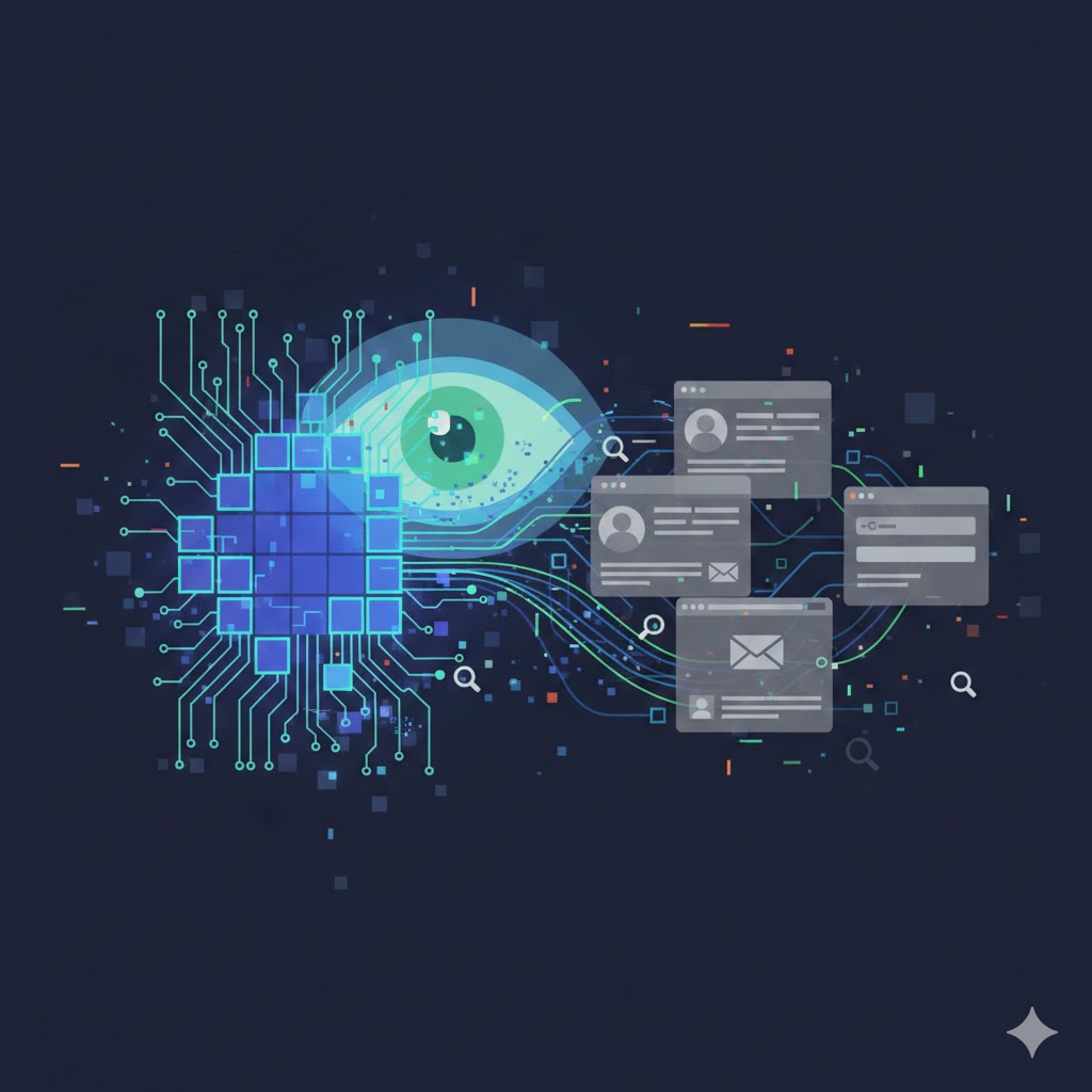 Abstrakte Grafik zum Thema Tracking-Pixel: Ein digitales Auge beobachtet Datenströme und stilisierte Benutzerprofile.