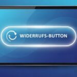 Ein digital gezeichnetes Tablet, das in der Mitte eine leuchtende Schaltfläche mit einem kreisförmigen Pfeilsymbol zeigt. Drumherum schweben Symbole für den Online-Handel wie ein Einkaufswagen, ein Schloss und ein Kalender für den Monat Juni.