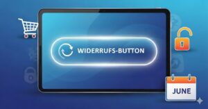 Ein digital gezeichnetes Tablet, das in der Mitte eine leuchtende Schaltfläche mit einem kreisförmigen Pfeilsymbol zeigt. Drumherum schweben Symbole für den Online-Handel wie ein Einkaufswagen, ein Schloss und ein Kalender für den Monat Juni.