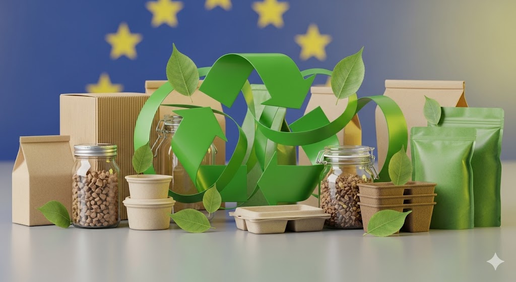 Moderne 3D-Illustration von verschiedenen umweltfreundlichen Verpackungen wie Kartonagen, Glasbehältern und biologisch abbaubaren Schalen vor einem dezenten EU-Hintergrund mit grünem Recyclingsymbol.