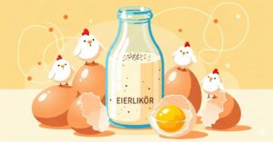Grafische Illustration einer Flasche Eierlikör, umgeben von frischen Eiern und niedlichen, stilisierten Hühnern in warmen Gelbtönen.