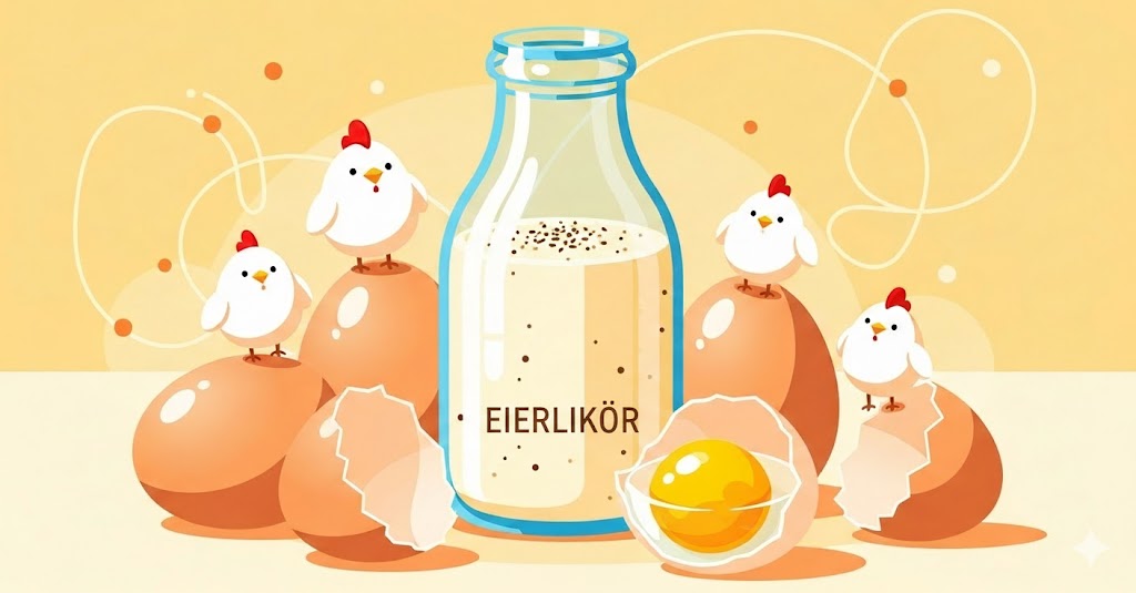 Grafische Illustration einer Flasche Eierlikör, umgeben von frischen Eiern und niedlichen, stilisierten Hühnern in warmen Gelbtönen.