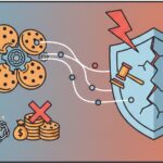 Illustration zu Cookie-Risiken mit digitalen Keksen, einem zerbrochenen Schutzschild, Justitia-Waage, Richterhammer und einem gesprengten Vorhängeschloss.