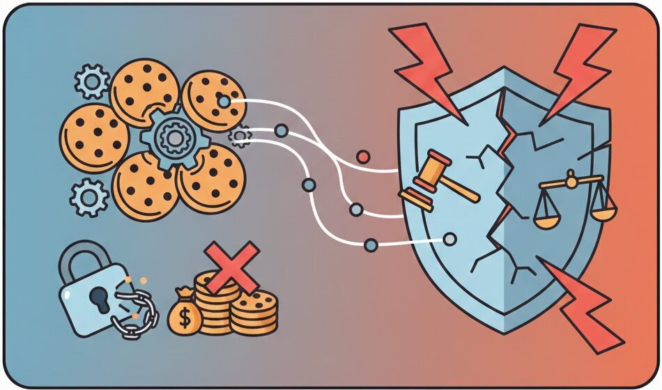 Illustration zu Cookie-Risiken mit digitalen Keksen, einem zerbrochenen Schutzschild, Justitia-Waage, Richterhammer und einem gesprengten Vorhängeschloss.