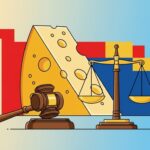 Grafische Illustration zum Markenstreit um Emmentaler Käse mit Richterhammer, Justizwaage und einem Stück Käse vor farbigem Hintergrund.