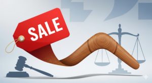 Eine grafische Illustration eines roten Verkaufsschilds, das in einen hölzernen Bumerang übergeht, umgeben von einer Justizwaage und einem Richterhammer auf hellem Hintergrund.