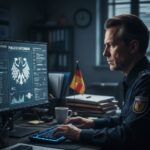 Ein Polizist in Uniform sitzt konzentriert am Schreibtisch vor einem Computerbildschirm, auf dem eine Datenbank mit dem deutschen Bundesadler-Symbol und digitalen Datenfeldern zu sehen ist.