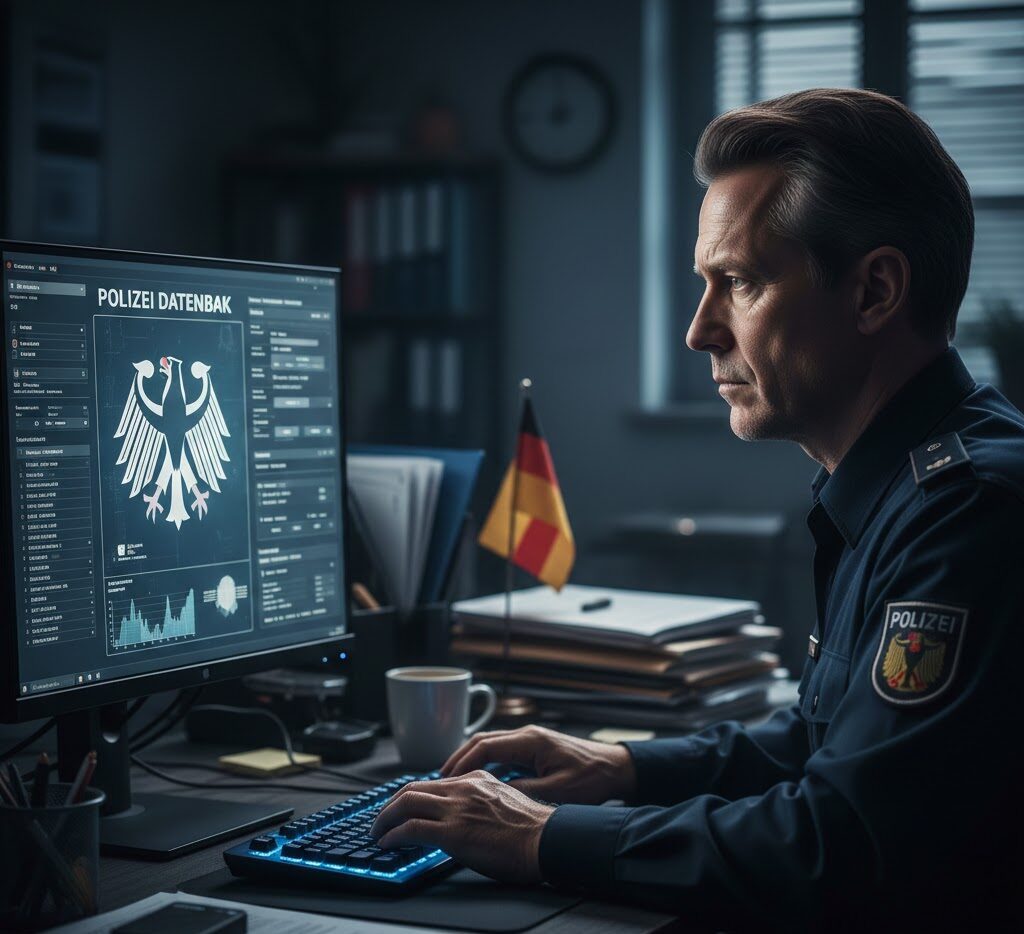 Ein Polizist in Uniform sitzt konzentriert am Schreibtisch vor einem Computerbildschirm, auf dem eine Datenbank mit dem deutschen Bundesadler-Symbol und digitalen Datenfeldern zu sehen ist.