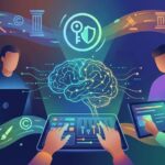 Abstrakte Grafik zum Thema KI-Logos und Urheberrecht mit Symbolen für künstliche Intelligenz, Paragrafen und digitalen Design-Schnittstellen.