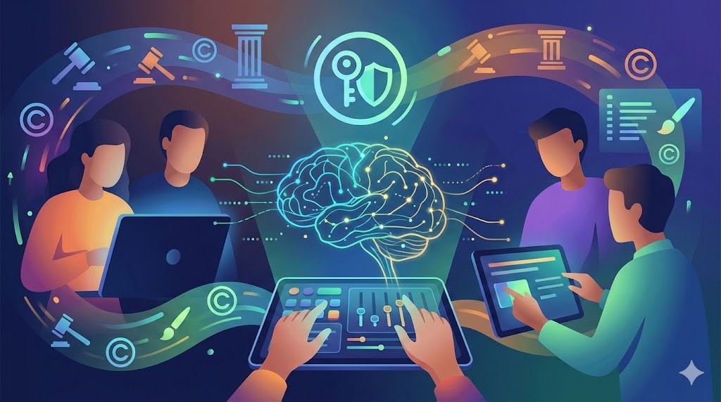 Abstrakte Grafik zum Thema KI-Logos und Urheberrecht mit Symbolen für künstliche Intelligenz, Paragrafen und digitalen Design-Schnittstellen.