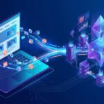 Abstrakte Grafik eines Laptops, der Datenströme an ein leuchtendes Netzwerk aus Prismen und Servern sendet.