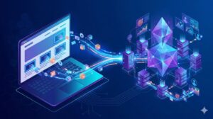 Abstrakte Grafik eines Laptops, der Datenströme an ein leuchtendes Netzwerk aus Prismen und Servern sendet.