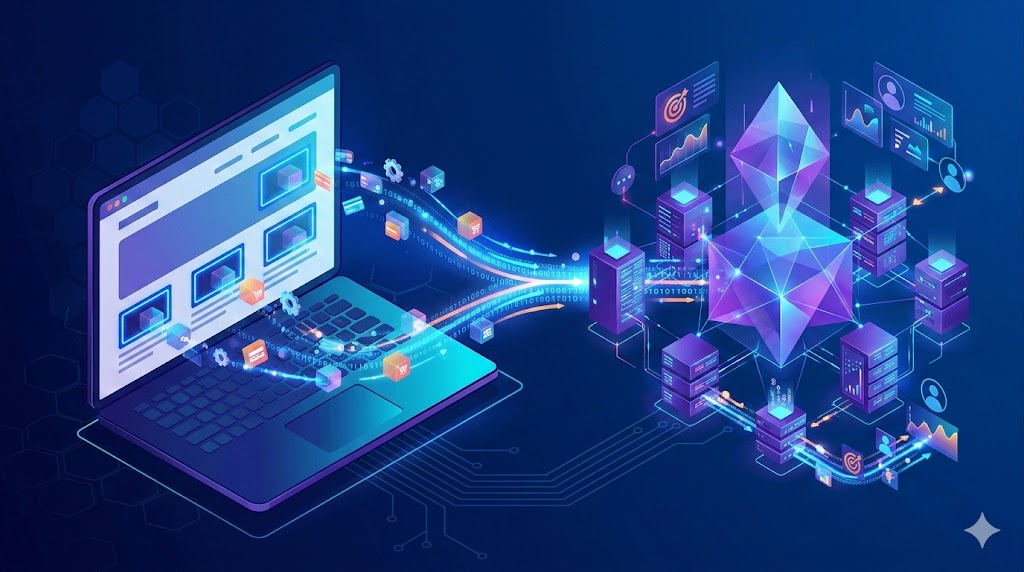 Abstrakte Grafik eines Laptops, der Datenströme an ein leuchtendes Netzwerk aus Prismen und Servern sendet.