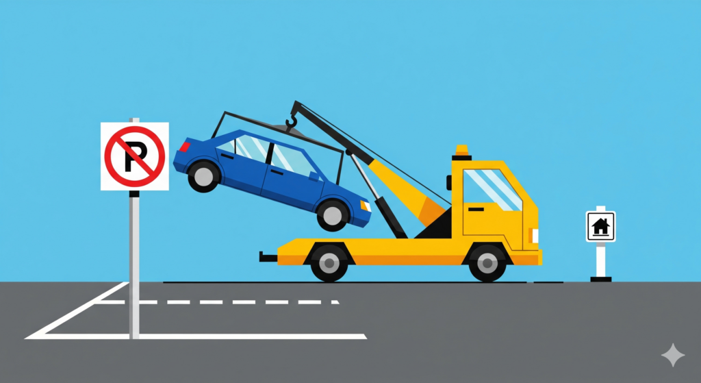 Illustration eines Abschleppwagens, der ein falsch geparktes blaues Auto von einem Privatparkplatz mit Halteverbotsschild hebt.