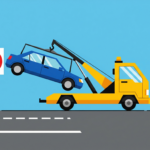 Illustration eines Abschleppwagens, der ein falsch geparktes blaues Auto von einem Privatparkplatz mit Halteverbotsschild hebt.