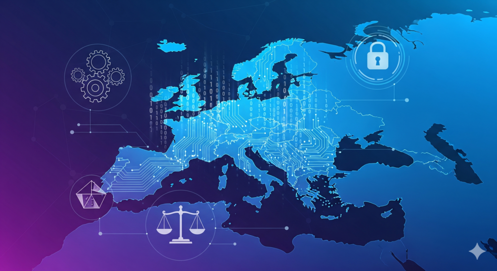 Blaue Europakarte mit digitalen Schaltkreisen, Waage-Symbol und Schloss zur Illustration des EU AI Act