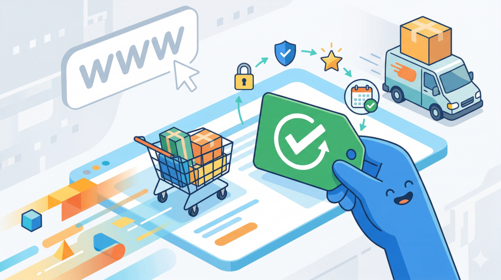 Illustration zum neuen EU-Garantielabel 2026 für Online-Shops mit Warenkorb und Lieferwagen