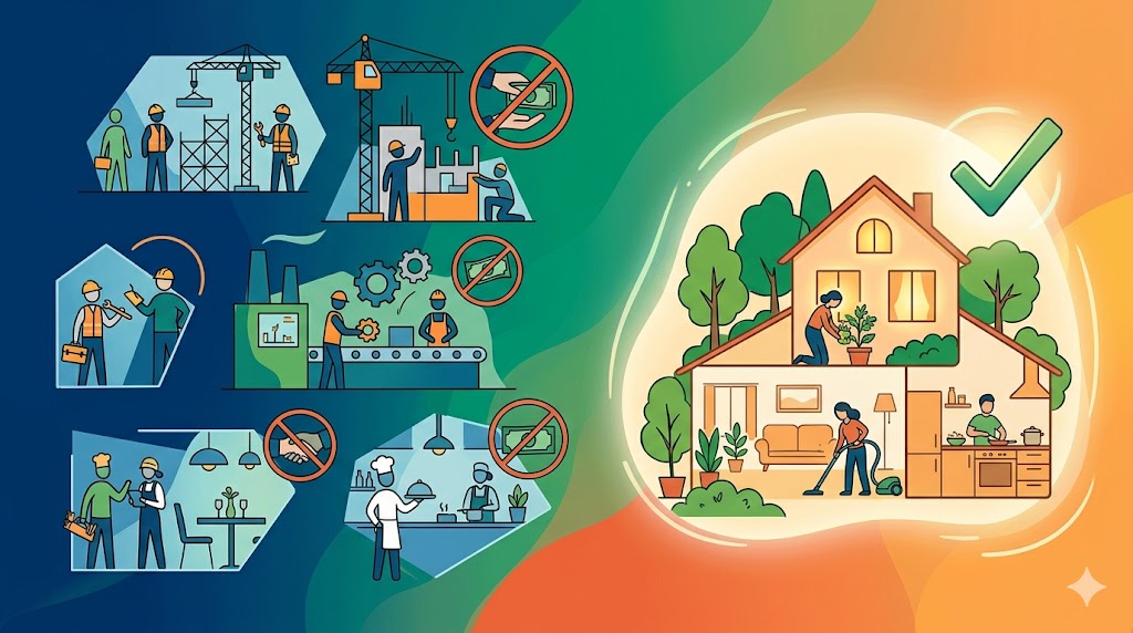 llustration zum Vergleich zwischen Schwarzarbeit im Gewerbe und legaler Haushalshilfe im Privathaushalt.