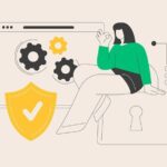 Illustration zum Thema Datenschutz und DSGVO-Auskunft mit Vorhängeschloss, Schutzschild und einer Frau