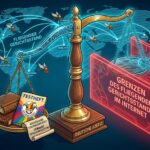 Illustration zum fliegenden Gerichtsstand im Internet mit einer Justitia-Waage, Amtsgericht Köln und Landgericht Hamburg