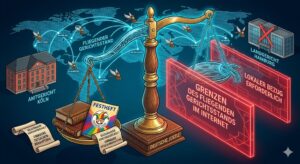 Illustration zum fliegenden Gerichtsstand im Internet mit einer Justitia-Waage, Amtsgericht Köln und Landgericht Hamburg