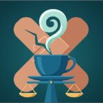 Illustration einer Kaffeetasse auf einer Waage vor zwei gekreuzten Pflastern auf dunkelgrünem Hintergrund