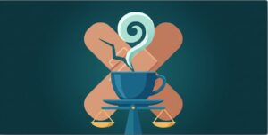 Illustration einer Kaffeetasse auf einer Waage vor zwei gekreuzten Pflastern auf dunkelgrünem Hintergrund