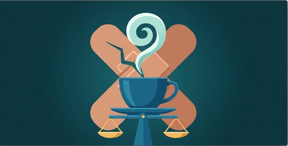 Illustration einer Kaffeetasse auf einer Waage vor zwei gekreuzten Pflastern auf dunkelgrünem Hintergrund