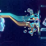 Futuristische Roboter-Silhouette verbunden mit Richterhammer und Waage der Justiz für KI-Recht
