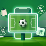 Smartphone mit Fußballfeld und E-Commerce-Icons im Stadion für WM 2026 Marketing