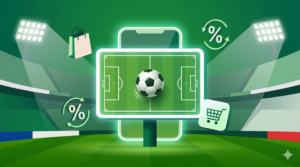 Smartphone mit Fußballfeld und E-Commerce-Icons im Stadion für WM 2026 Marketing
