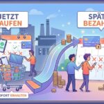 Illustration zum Thema Buy Now Pay Later mit den Texten Jetzt kaufen, Sofort erhalten und Später bezahlen.