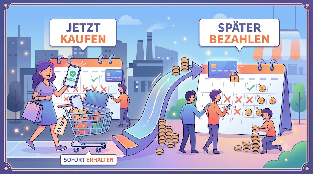Illustration zum Thema Buy Now Pay Later mit den Texten Jetzt kaufen, Sofort erhalten und Später bezahlen.