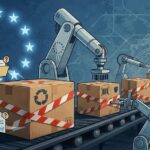 Illustration zur EU-Verpackungsverordnung: Roboterarme prüfen Pakete auf einem Förderband unter EU-Symbol