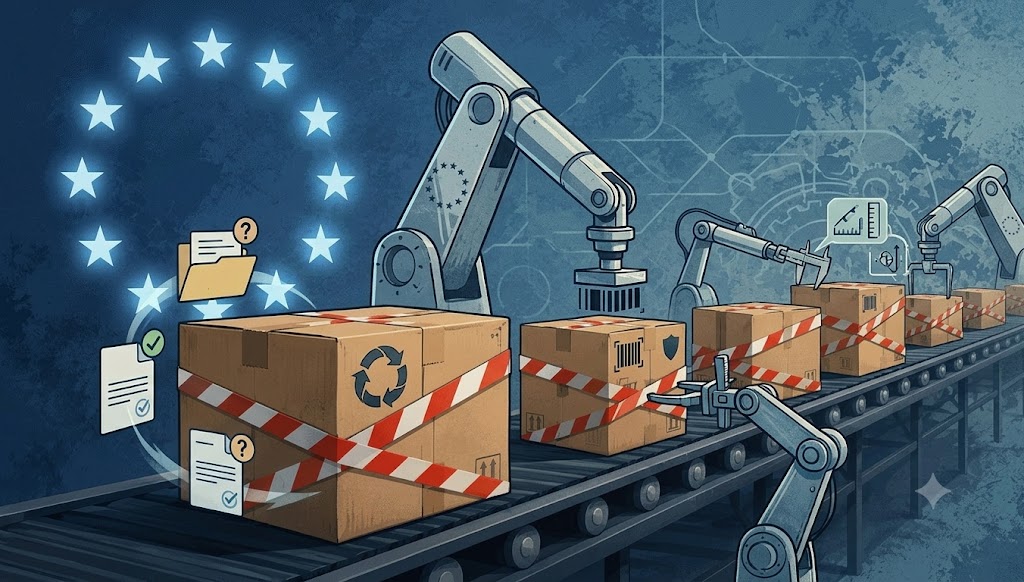 Illustration zur EU-Verpackungsverordnung: Roboterarme prüfen Pakete auf einem Förderband unter EU-Symbol