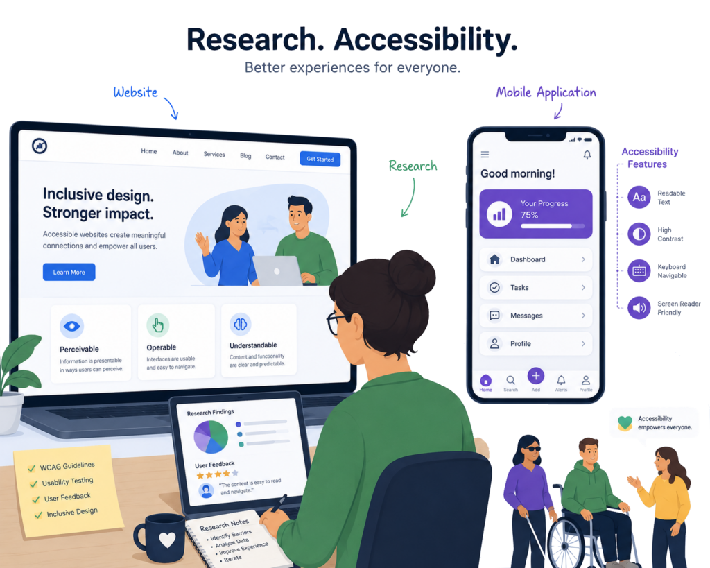 Illustration zum Thema digitales barrierefreies Webdesign mit Laptop, Smartphone-App und Forschungsergebnissen zur Accessibility.