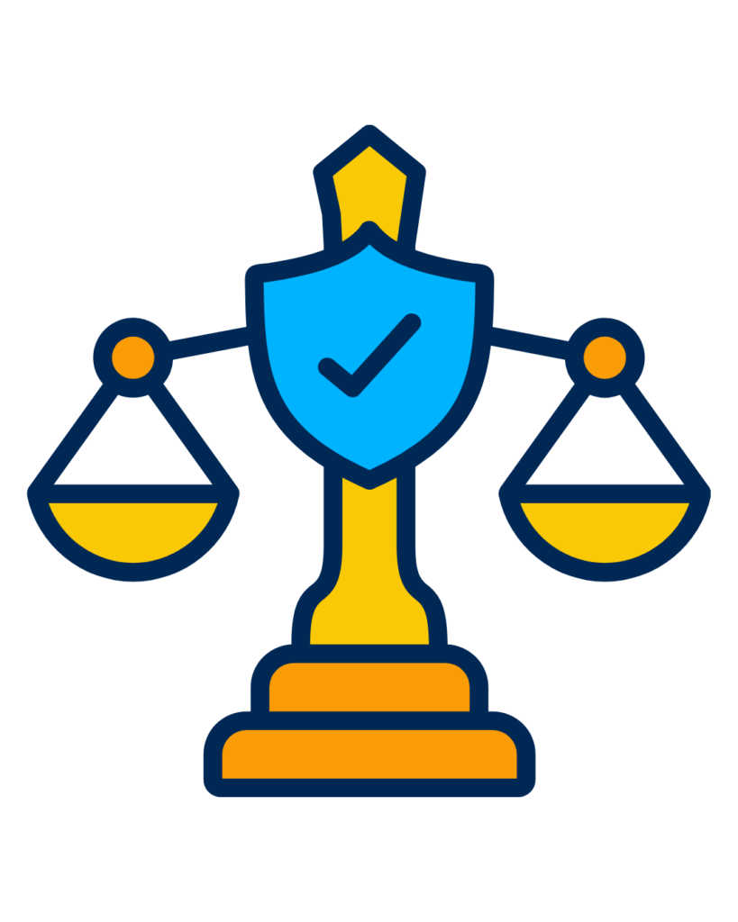 Icon für Datenschutzkonformität mit einer Waage der Justiz und einem blauen Schutzschild mit Häkchen
