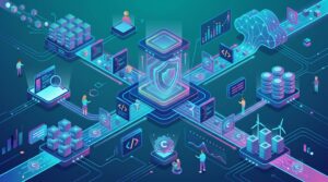 Isometrische 3D-Illustration eines KI-Datennetzwerks mit Schutzschild und Claude-Wasserzeichen auf Datenblöcken