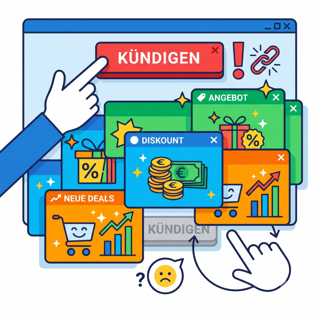 Grafik zeigt einen Hand-Cursor, der versucht einen Kündigen-Button zu klicken, der von Werbe-Pop-ups verdeckt wird.