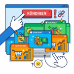 Grafik zeigt einen Hand-Cursor, der versucht einen Kündigen-Button zu klicken, der von Werbe-Pop-ups verdeckt wird.