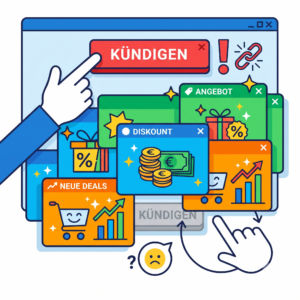 Grafik zeigt einen Hand-Cursor, der versucht einen Kündigen-Button zu klicken, der von Werbe-Pop-ups verdeckt wird.