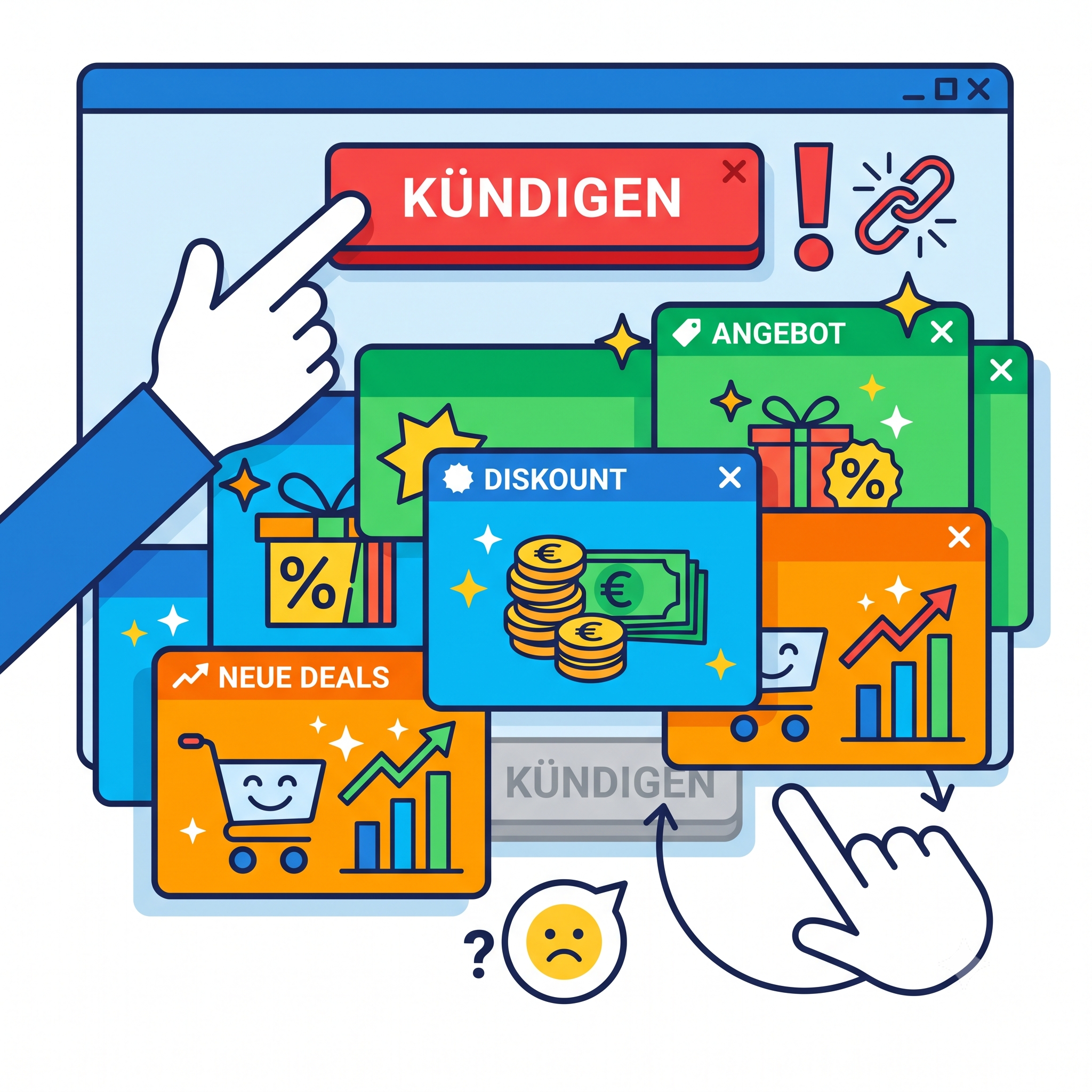Grafik zeigt einen Hand-Cursor, der versucht einen Kündigen-Button zu klicken, der von Werbe-Pop-ups verdeckt wird.