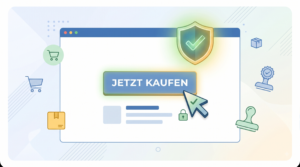 Illustration eines rechtssicheren Kauf-Buttons mit der Aufschrift Jetzt Kaufen und einem Schutzschild-Symbol für Online-Shops