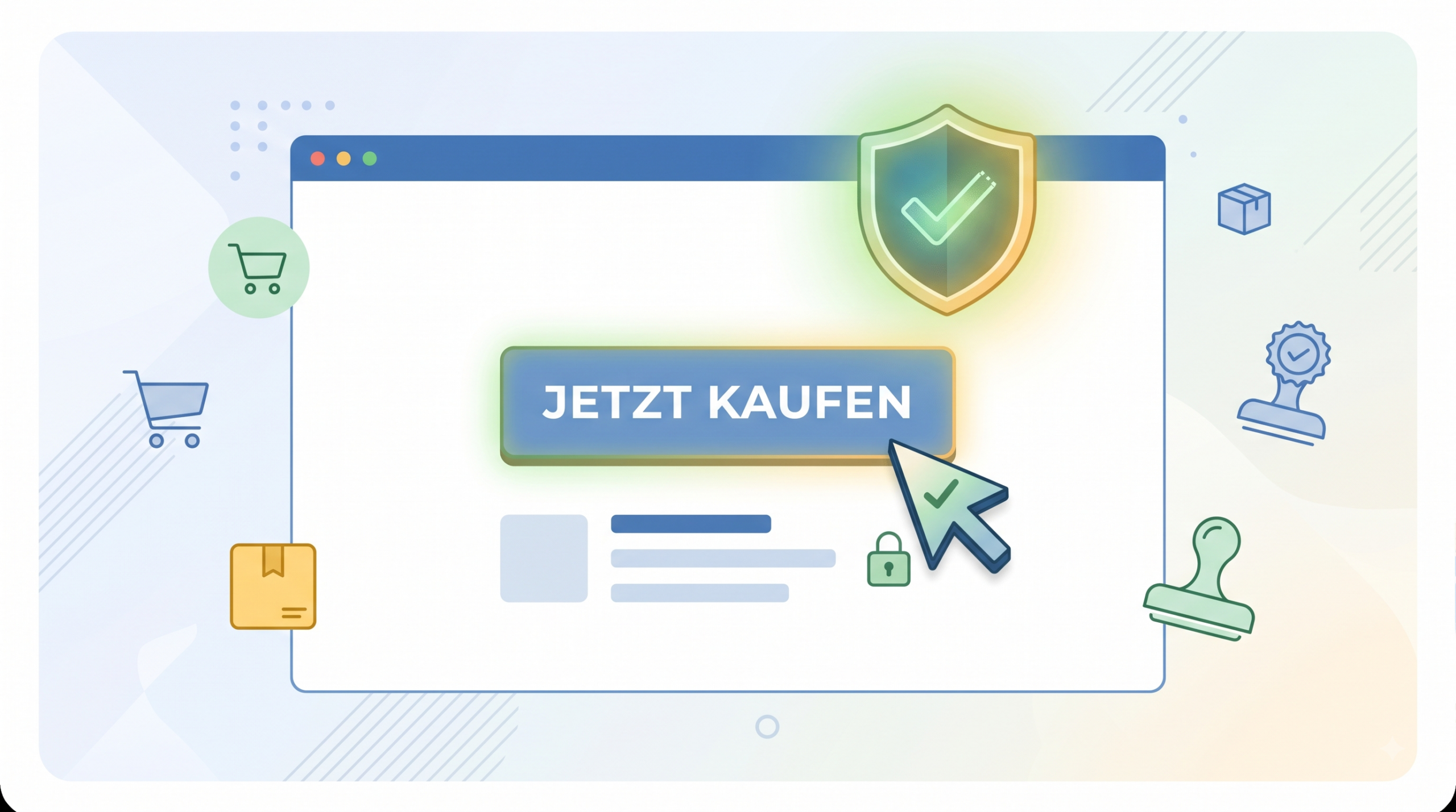 Illustration eines rechtssicheren Kauf-Buttons mit der Aufschrift Jetzt Kaufen und einem Schutzschild-Symbol für Online-Shops