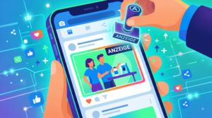 Hand stempelt Anzeige-Label auf ein Social-Media-Vorschaubild auf einem Smartphone