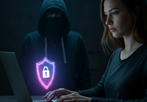 Frau am Laptop welche von Hacker beobachtet wird