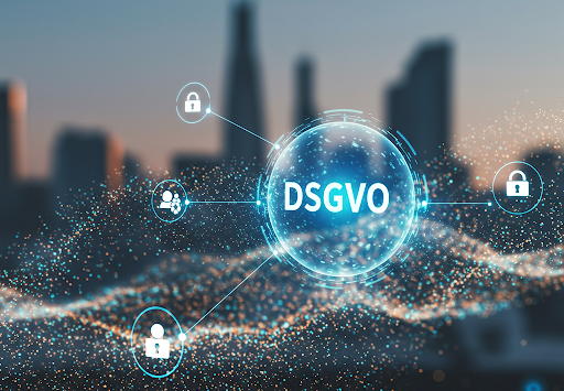 Skyline im Hintergrund und DSGVO mit Symbolen bzgl. automatisierter Einhaltung aller Datenschutzvorgaben